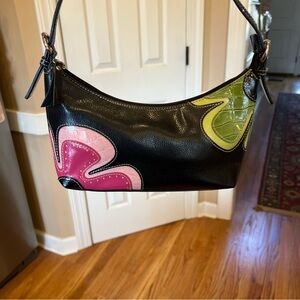 Vintage Black Floral Flower Shoulder Bag Faux Leather Y2K Retro Mod